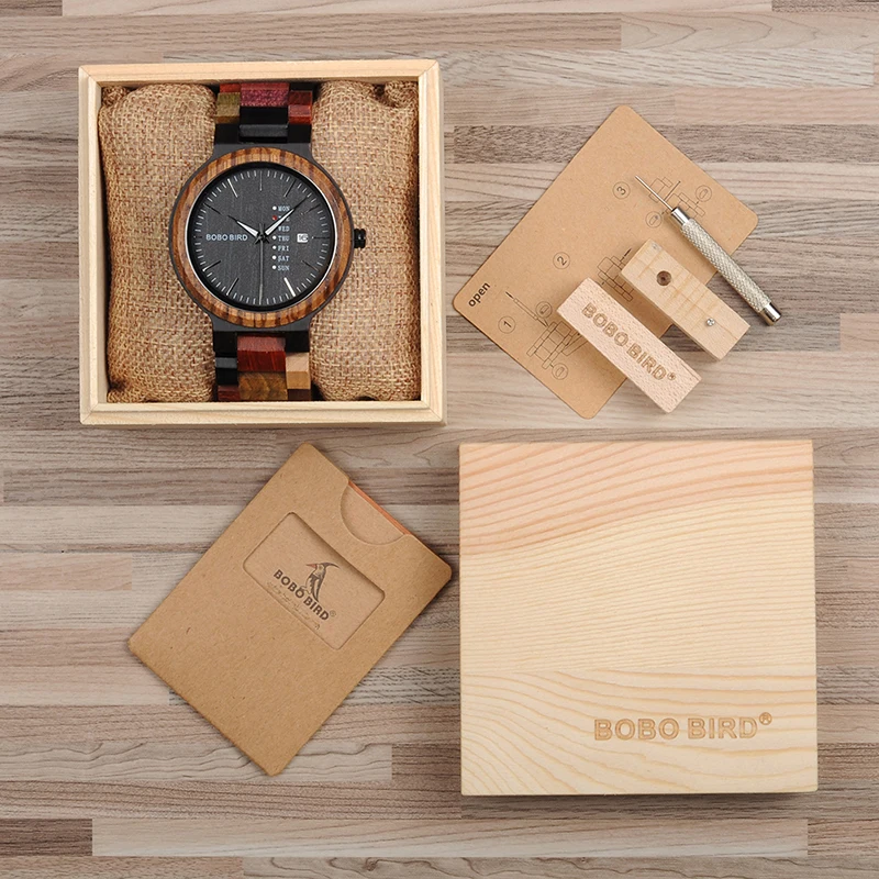 Бобо птица антикварные мужские деревянные часы Дата и неделя дисплей бизнес часы с уникальным смешанный цвет деревянный ремешок Подарок на годовщину