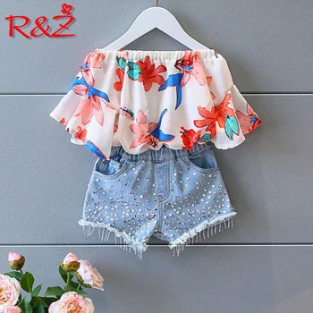 

R&Z children's suit 2019 summer new girls set children's printing one word collar T-shirt sequins denim shorts two-piece