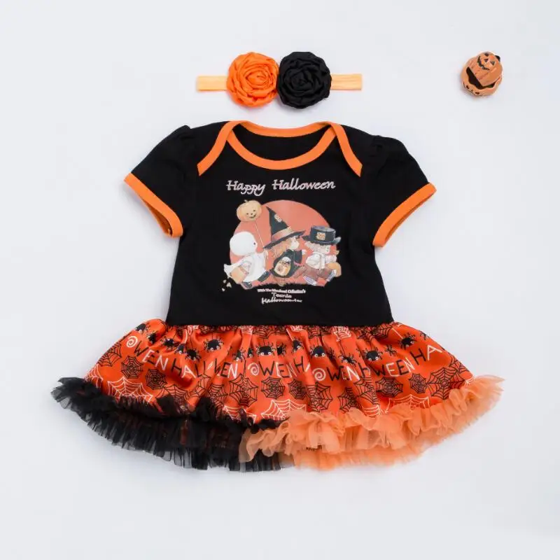 Черный костюм тыквы на Хэллоуин для детей Одежда кружевное платье-пачка для маленьких девочек повязка на голову Vestidos Infantil наряды для девочек на Хэллоуин
