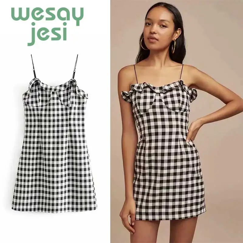 

2019 summer new women sexy dress plaid ruffled strapless Vintage Beach dress backless mini women's dress