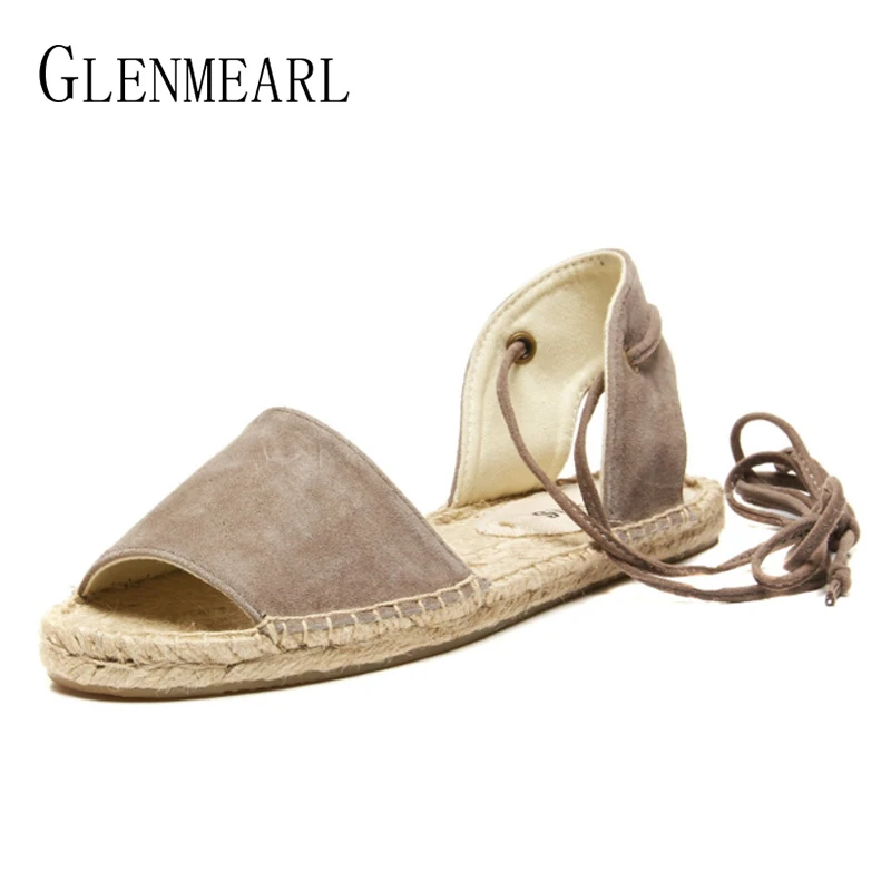 

Suede Women Shoes Summer Flat Sandals Genuine Leather Lace-up Straw Fisherman Shoes Casual Open Toes Driving Shoes Woman Sandals