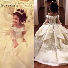 Винтажные кружевные пышные платья; платье с цветочным узором для девочек; бальное платье с открытыми плечами и длинным рукавом; детское платье для первого причастия