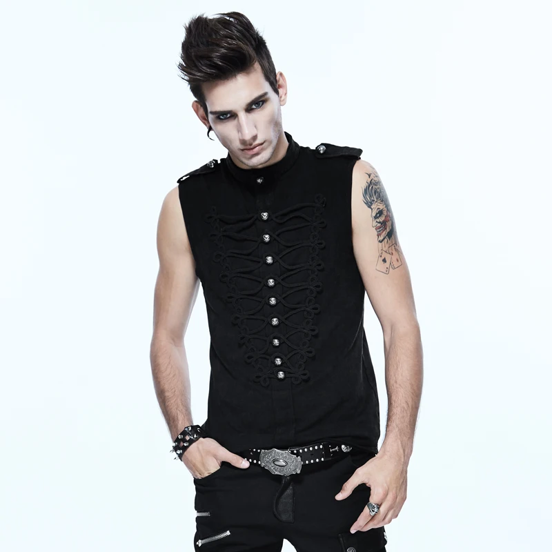 

Steampunk Men's Black Sleeveless O-Neck Single Breasted Men Vest Summer Tops Shirts