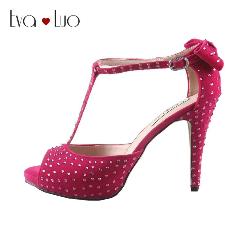 

CHS789 DHL Custom Made Fuchsia Pink Velvet High Heels T-Strap Women Dress Sandals Bridal Wedding Shoes Big Size Women Shoes