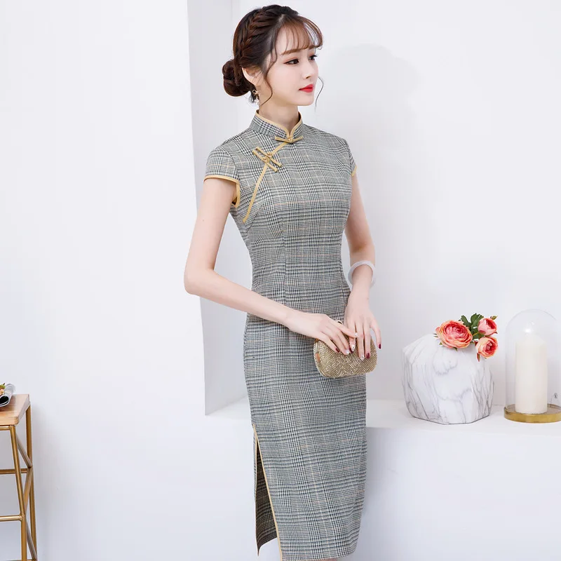 Модное Платье До Колена Cheongsam в китайском стиле с воротником-стойкой женские летние платья из полиэстера Qipao для вечеринок Vestido