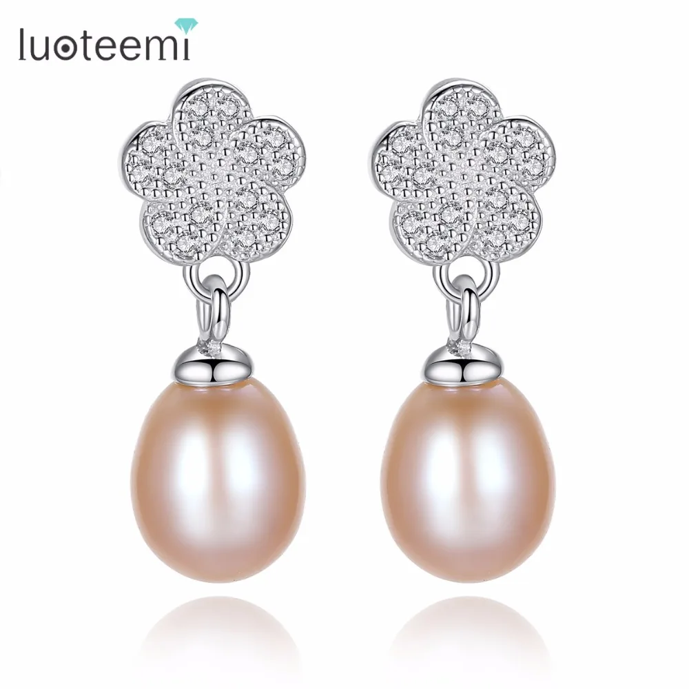 

LUOTEEMI Drop Earrings Sterling Silver Freshwater Natural Pearl Luxurious Big Crystal Brincos Bijoux For Women Party Wedding