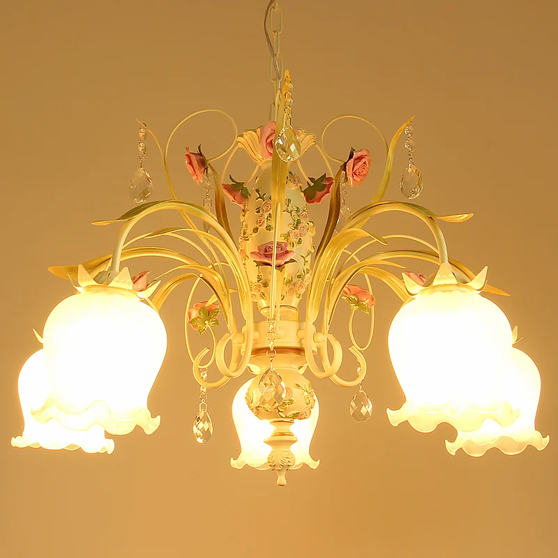

Pastoral style Korean wrought iron pendant light pink rose flower bedroom dining room hanging lighting lamp
