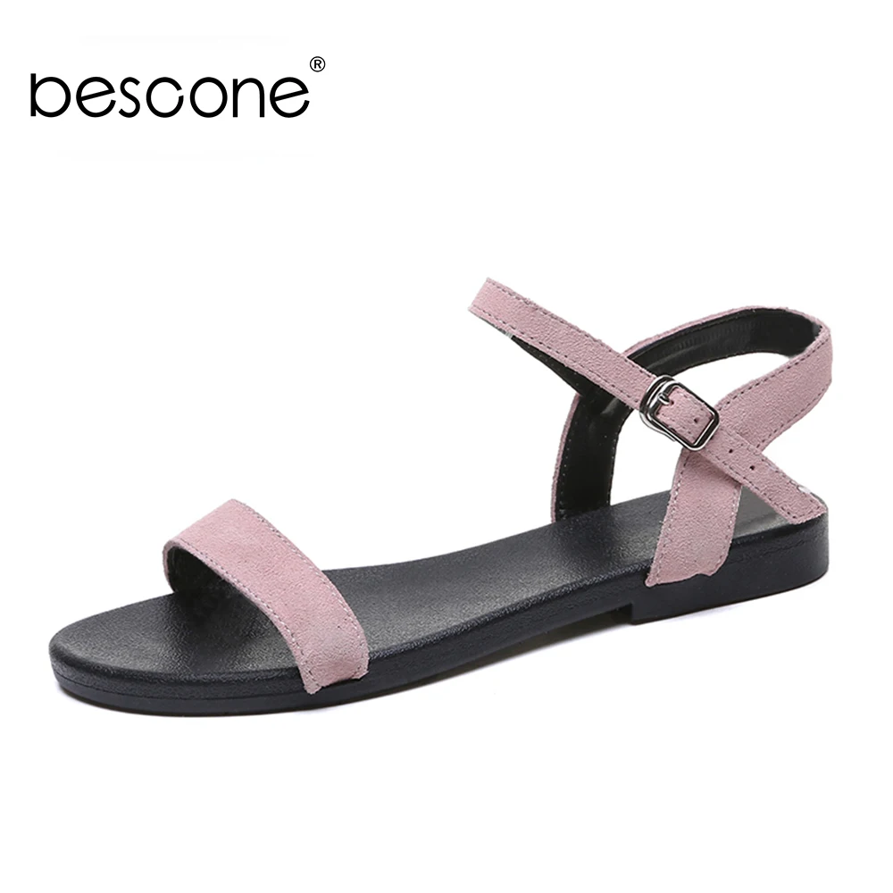 

BESCONE Concise Women Flats Sandals Handmade Female Casual sandals Cow Suede Buckle Soft Front And Bear Belt Lady Shoes BO229