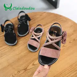 Claladoudou/брендовые замшевые сандалии из натуральной кожи для маленьких девочек на каблуке 13,5-15,5 см, обувь со стразами на плоской подошве с