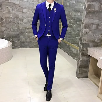 

(7 colors) High Quality Men's Business Suit Pure Color Slim Suit Men Jacket + Pants + Vests 2019 New Fashion Mens Wedding Suits