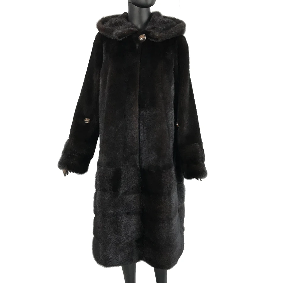 

classical brown coffee Elegant simple classic mink fur coat with hood overlong natural mink fur overcoat bottom striped full
