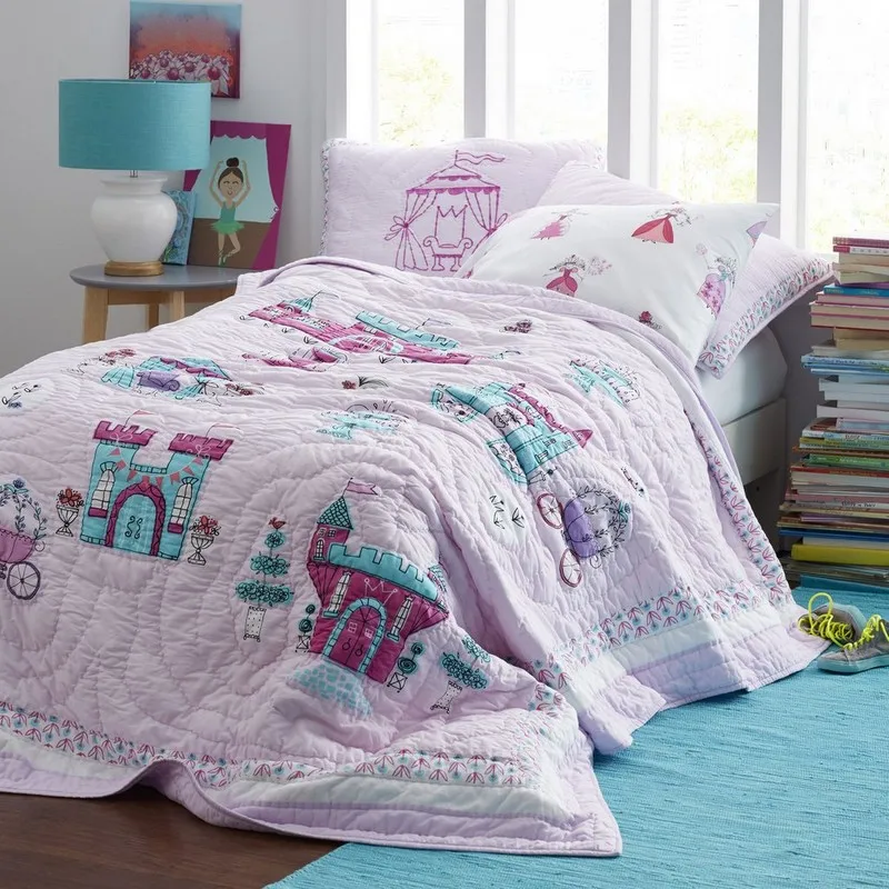 CHAUSUB Princess Palace Handmade Patchwork Quilt Set 3PCS Cotton Quilts Kids Quilted Bedspread Coverlet Bed Cover Shams Bedding