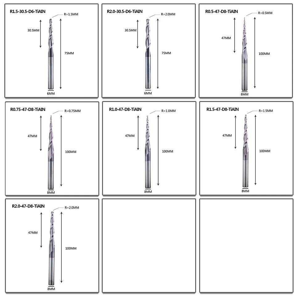 5pcs/lot Tungsten Solid Carbide Inch size 3.175mm Ball Nose Tapered End Mill Router Bits cnc Taper Wood Metal Milling Cutter