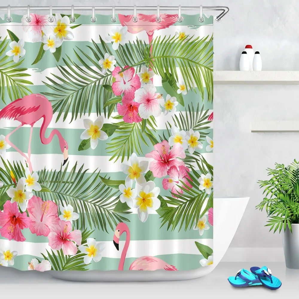 Shower Curtain Set Pink Flamingo Bathroom Accessories Waterproof Fabric Hooks