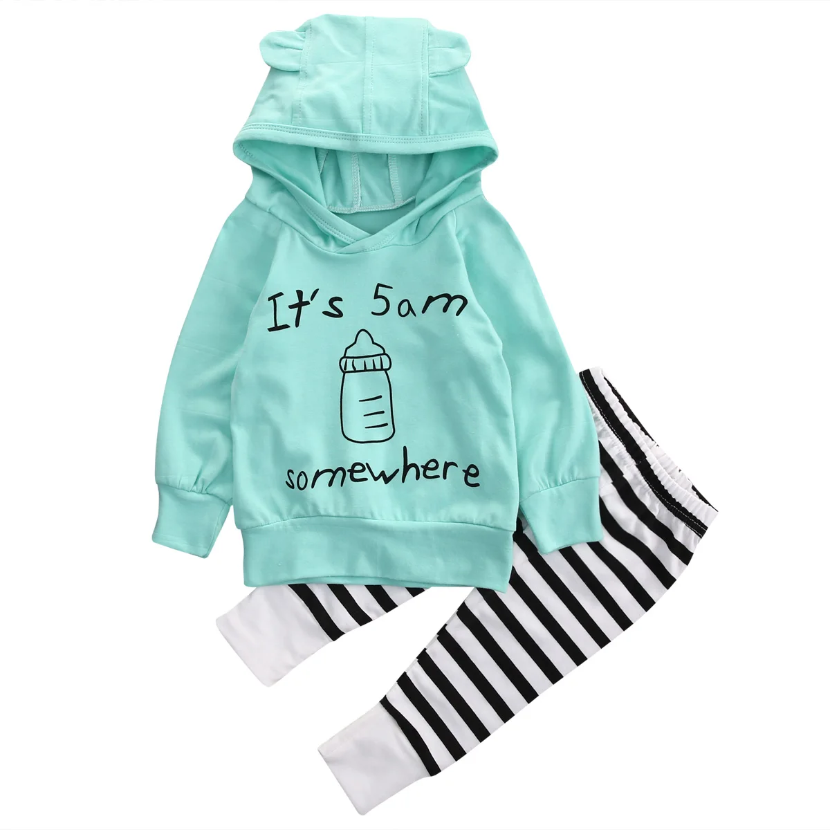Модная толстовка с длинными рукавами для новорожденных мальчиков и девочек, топ с принтом бутылки молока+ штаны в полоску, комплект одежды