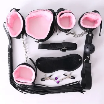 Black/Red/Pink/Purple 7 pcs Nylon & Plush Erotic Sex Toys For Adults Sex Handcuffs Whip Mouth Gag Sex Mask Bdsm Bondages Set 3