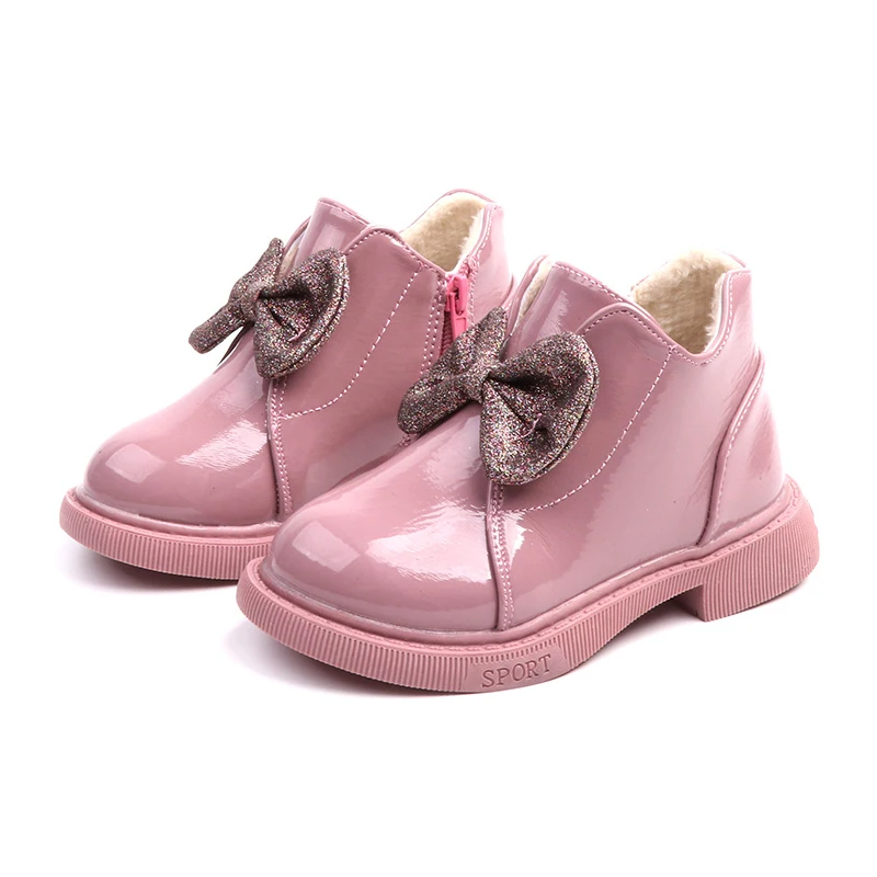 

COZULMA Kids Waterproof Patent Leather Plush Lining Winter Boots for Girls Sequins Bow Ankle Boots Children Shoes Size 26-36