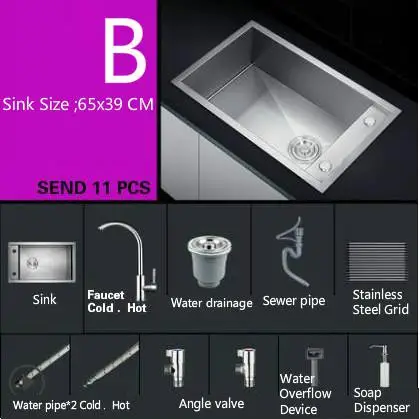 B Free shipping Kitchen manual sink single trough wash the dishes durable 304 food-grade stainless steel hot sell 650x390 MM - Цвет: B