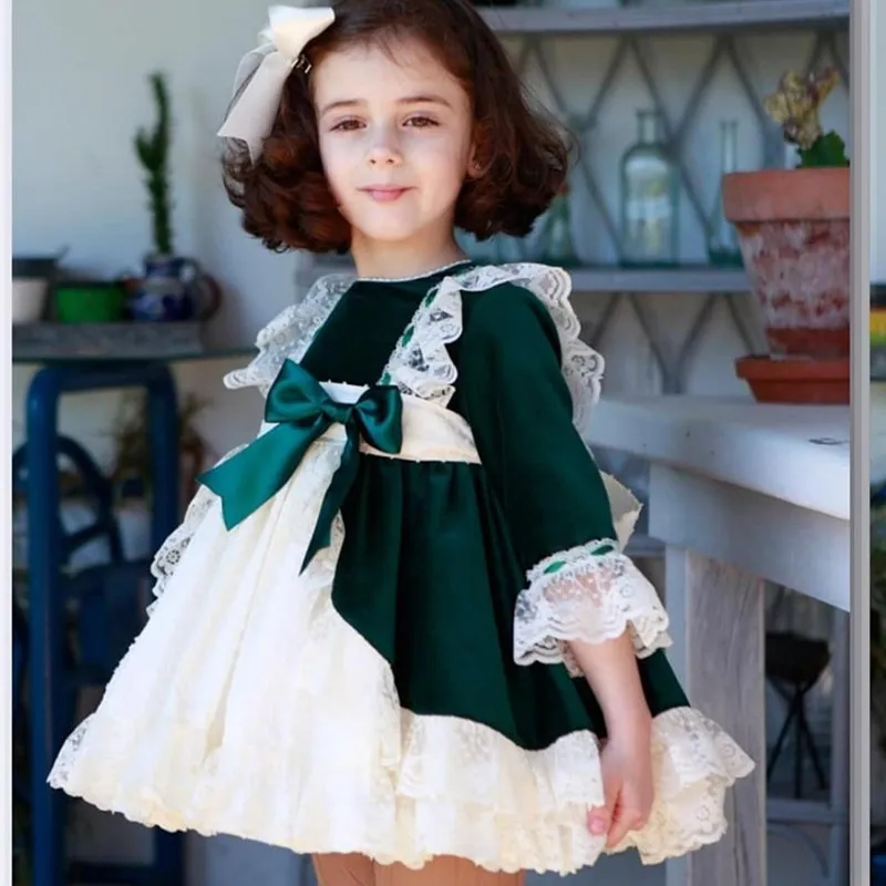 Испанское детское платье для рождественской вечеринки; кружевное платье принцессы с бантом для маленьких девочек; свадебные платья; одежда для детей; рождественское платье; Vestido Green Elbise - Цвет: Зеленый