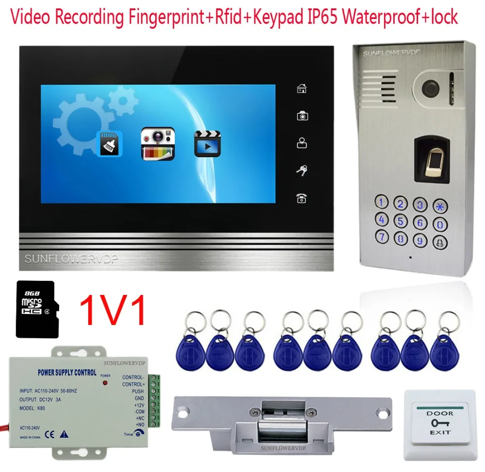 

Fingerprint Keypad Door Video Phone IP65 Rfid Ring Video Doorbell 8GB SD Card Video Recording 7" Touch Buttons Monitor+Door Lock