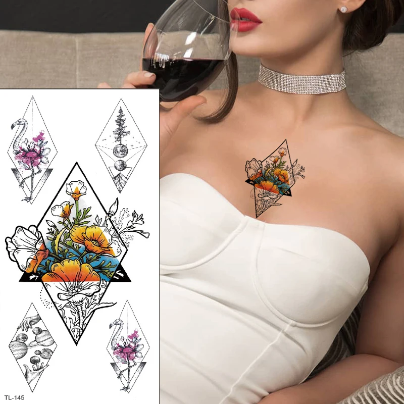 Sternum Temporary Tattoo Underboob Sexy Tattoo Breast Flower Geometric Women Tattoo Sticker Bikini Triangle Tatoo Fake Beach Art Temporary Tattoos Aliexpress