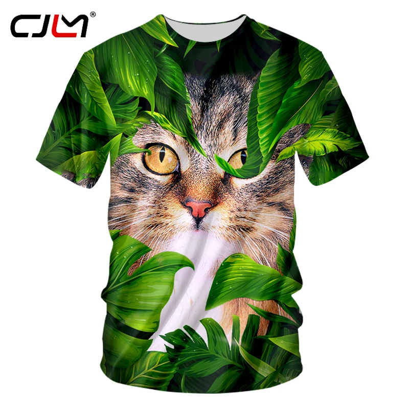 CJLM новые Harajuku 3d футболки мужские летние топы зеленые листья кошка печатная