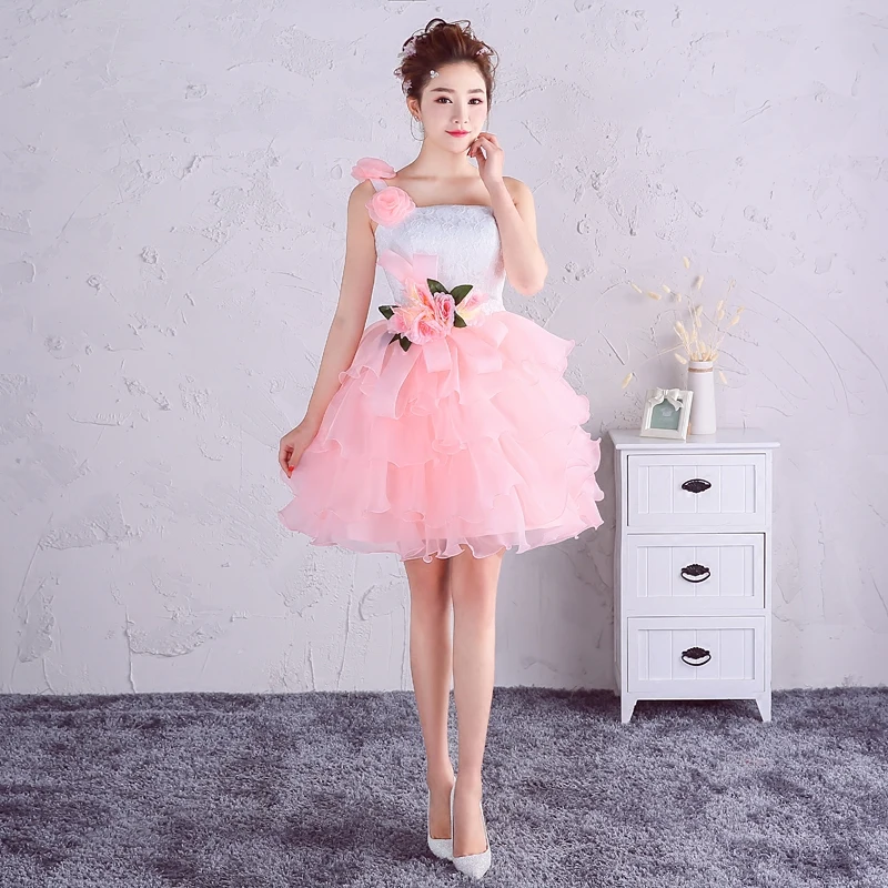 

New arrival sweet pink short one shoulder off lady girl women princess bridesmaid banquet party ball dress gown