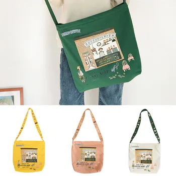 

Cotton Canvas Coffee Shop Illustrated Eco Bag Messenger Cross Body Bag BY81128c