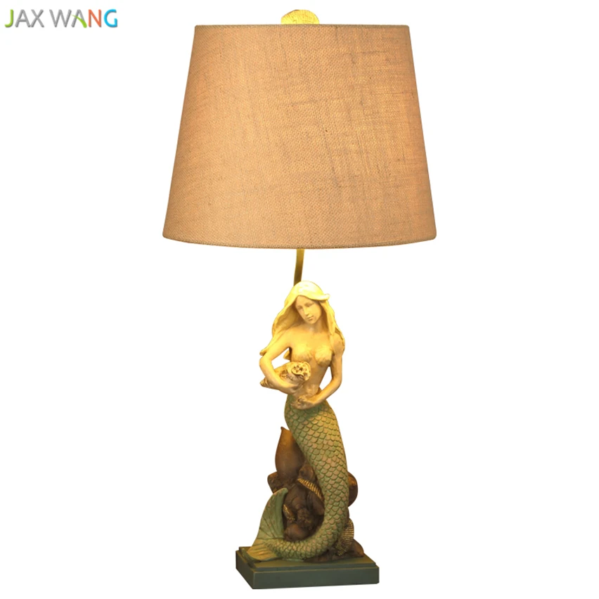 Modern Creative Resin Mermaid Table Lamp Fabric Lampshade Lights for