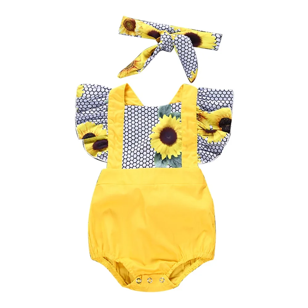 

Puseky Newborn Infant Baby Girls Ruffles Sunflower Romper Fake two pieces Jumpsuit Outfit Sunsuit Clothes baby clothing