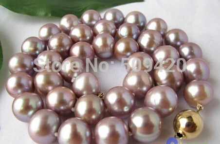 

W&O653 LUSTER AAA 17.5" round 12mm purple FW pearl necklace 14k gold (C0309)