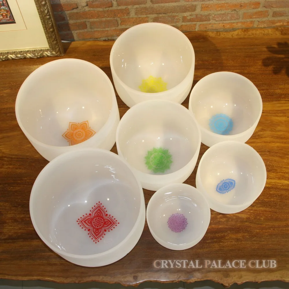 7 chakras design set 7pcs 7" 12" frosted quartz crystal singing bowls C