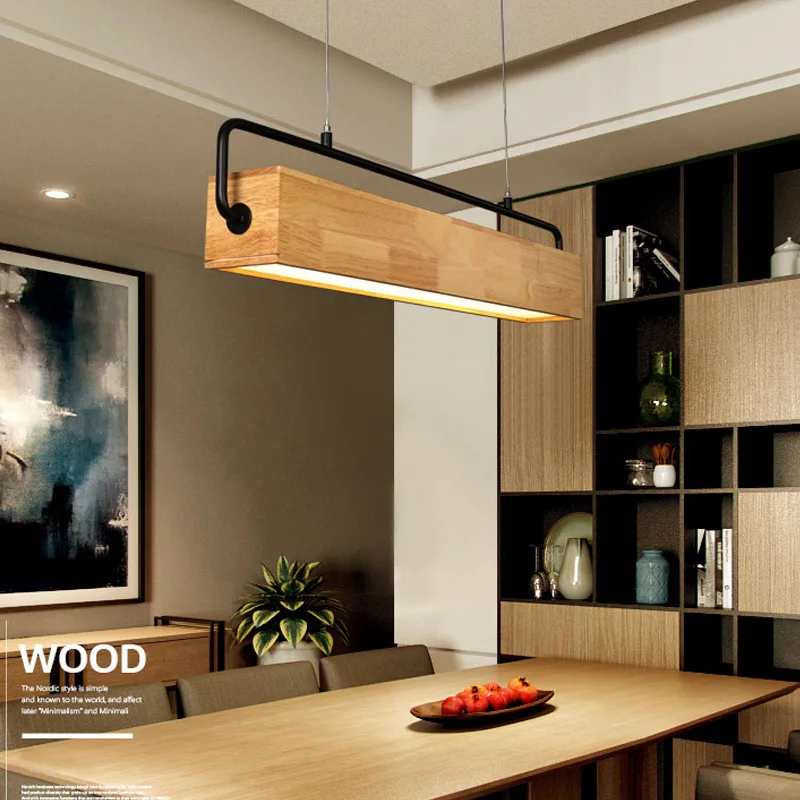 Modern Wood Pendant Light | Nordic Long Bar Suspended Wooden Lamp | Study, Restaurant, Dining Room, Office Droplight Lighting Fixture image 2