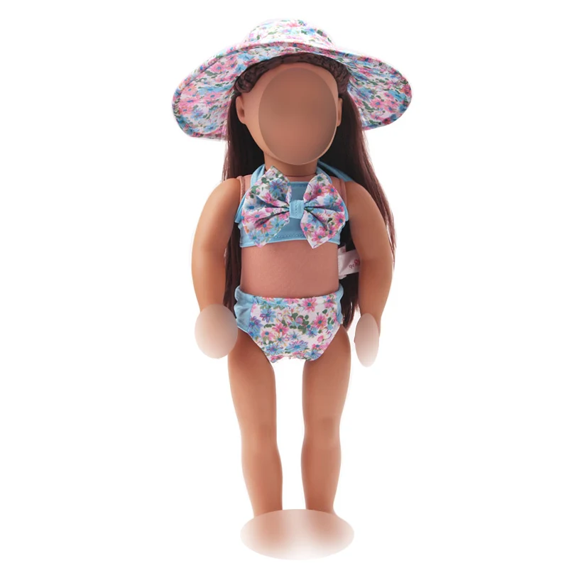 

18 inch Girls doll clothes Blue print beach suit + hat swimsuit bikini American new born dress toys fit 43 cm baby dolls c175