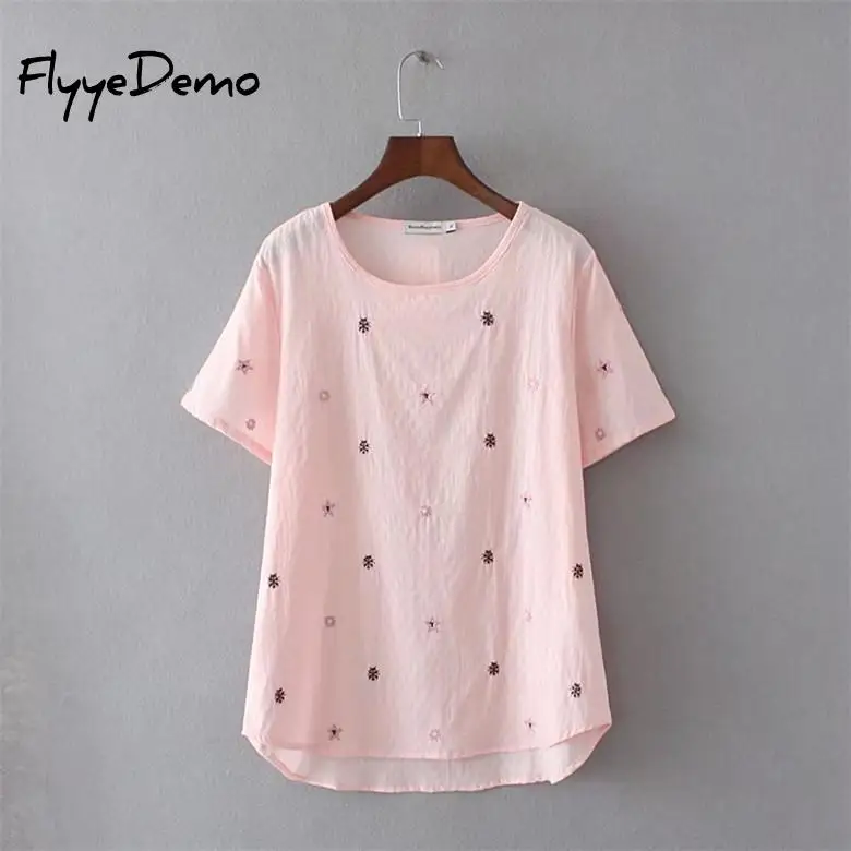 

4XL Embroidery Cotton Linen Loose Women T Shirts 2019 Spring Summer Tee Three Quarter Ladies Casual O-neck Tshirts Plus Size