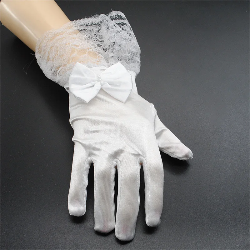 

Fashion White Kids Lace Satin Full Finger short Gloves for Lace Pearl Girl Children Party dress Gloves