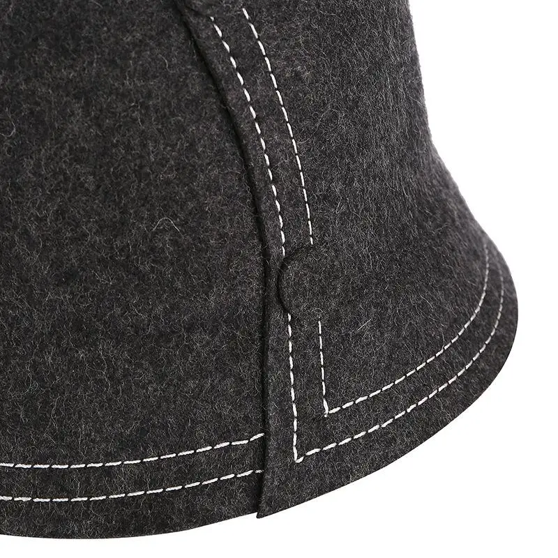 New High Quality Korean Style Vintage Bucket Hat Warm Fedoras Winter Women Hats black Color Pathwork Real wool Cap Top Hat