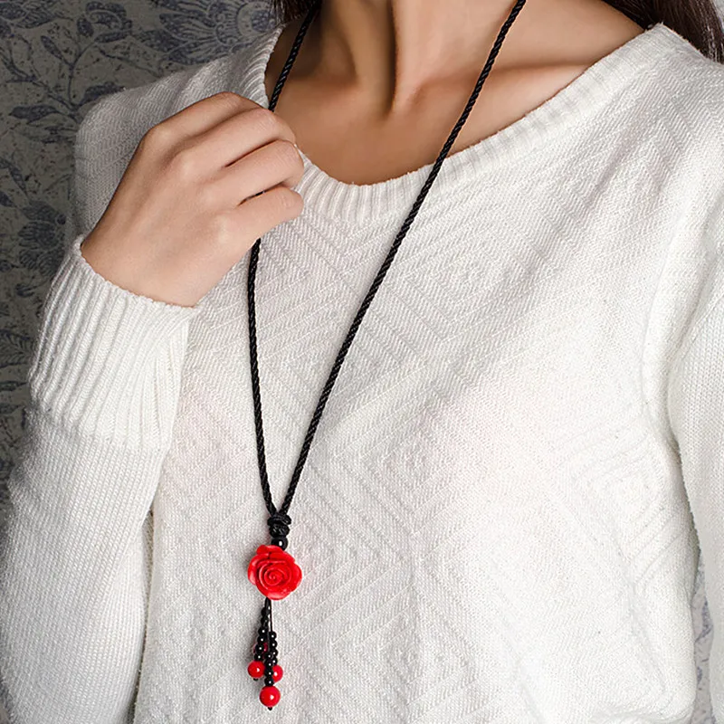 Yanting long maxi ethnic necklace for women red carved lacquerware flower pendant necklace rope chain handmade vintage jewelry (12)