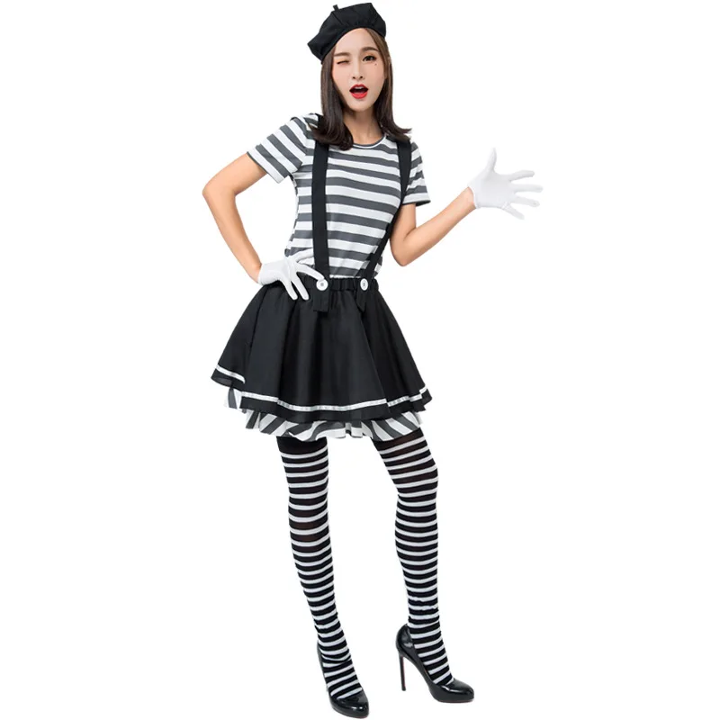 Adults Mime Artist Fancy Dress Mens Ladies French Circus Costume Street Outfit