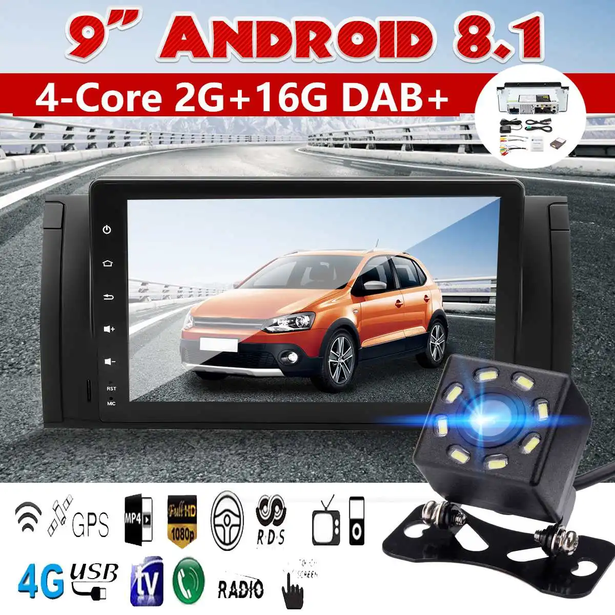 

12V 170 degree 8 LED Camera + 9inch 1024X600 Android 8.1 Quad-Core Car Dash Video GPS Stereo Radio Wifi For BMW E39 X5 E53