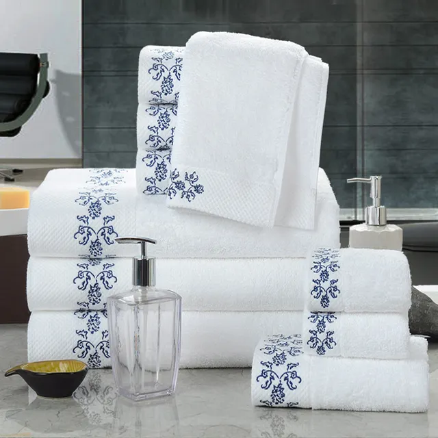 White 5 star hotel towel pure cotton soft absorbent blue and white