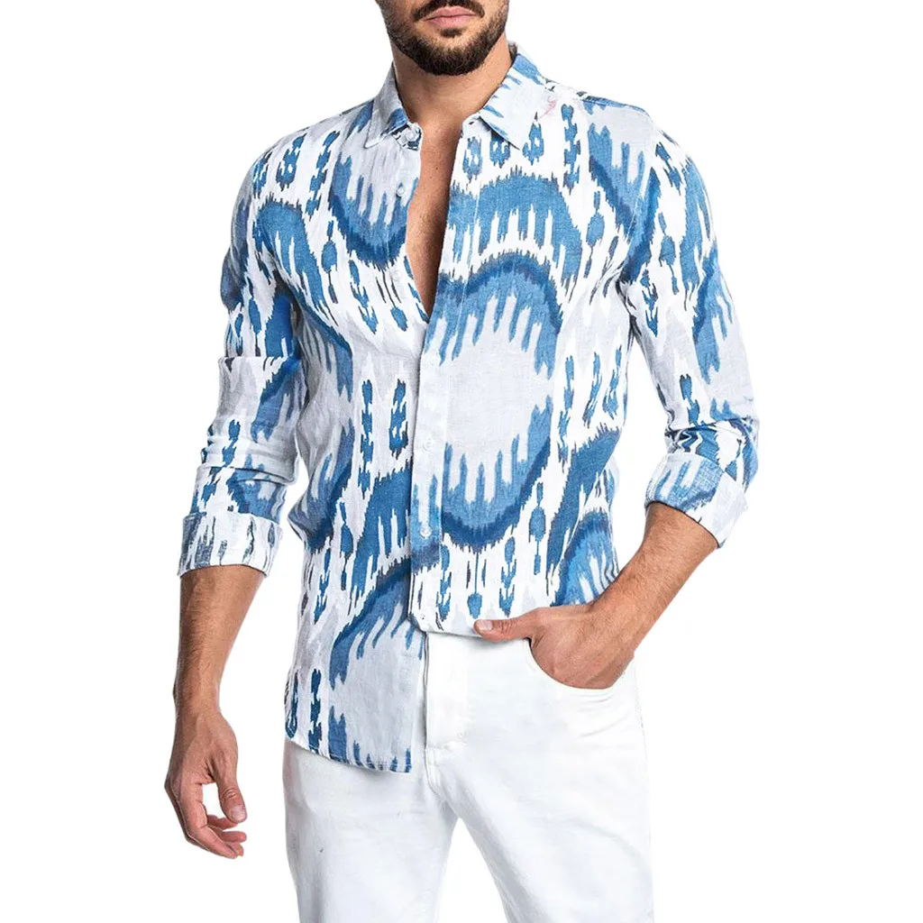 

KLV Modis Men Shirt Autumn Fashion Loose Casual Daily Lapel Print Long Sleeve Hawaiian Shirt Top Blouse Camisa Masculina L0712