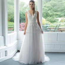 Трапециевидные тюлевые Свадебные платья с v-образным вырезом без рукавов с кружевным орнаментом и пуговицами Vestido De Noiva Свадебные платья для невесты