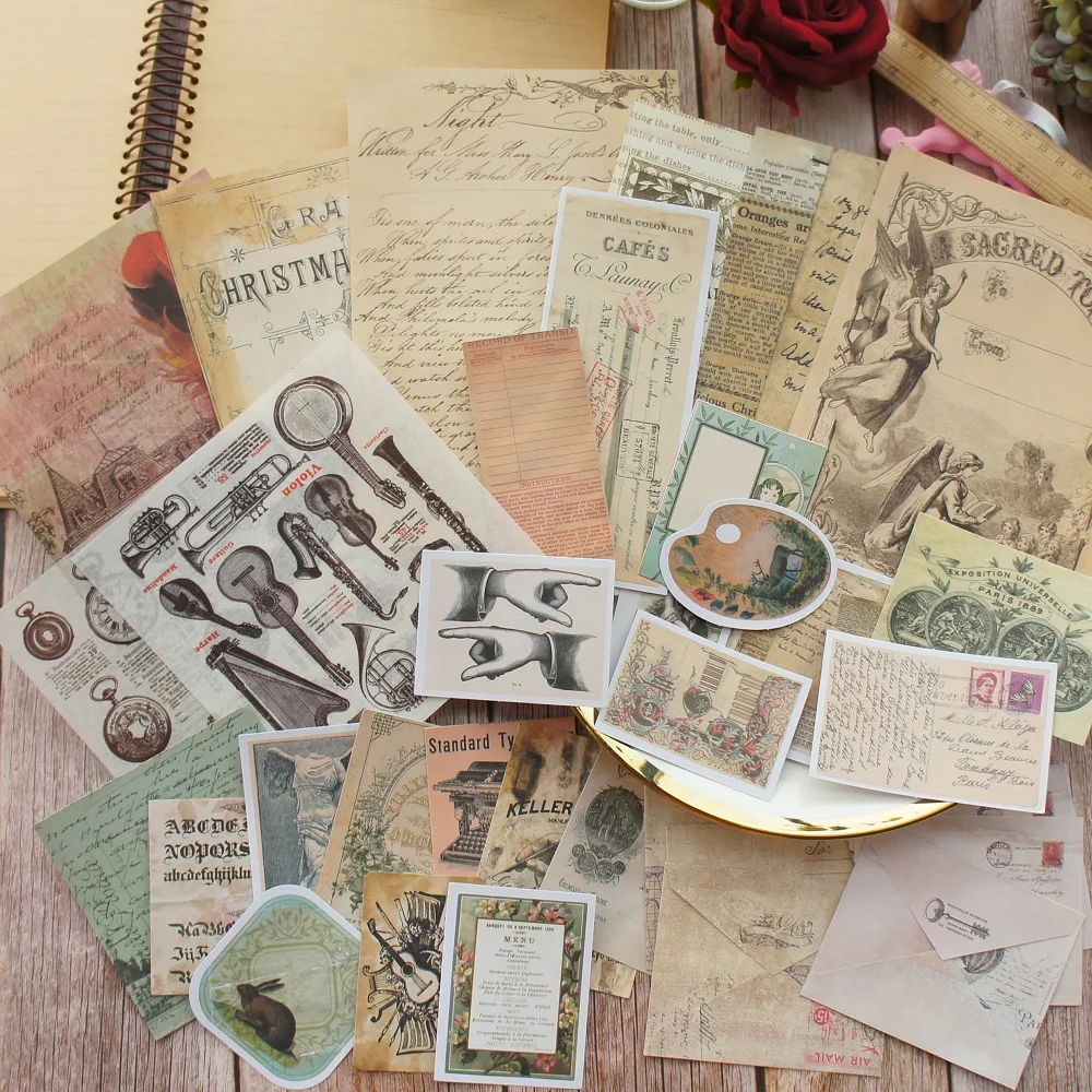 

34 Pcs DIY Retro Trend Cloth Music Romance Theme Sticker Background Craft Paper Envelop Set Scrapbooking Creative Gift Use