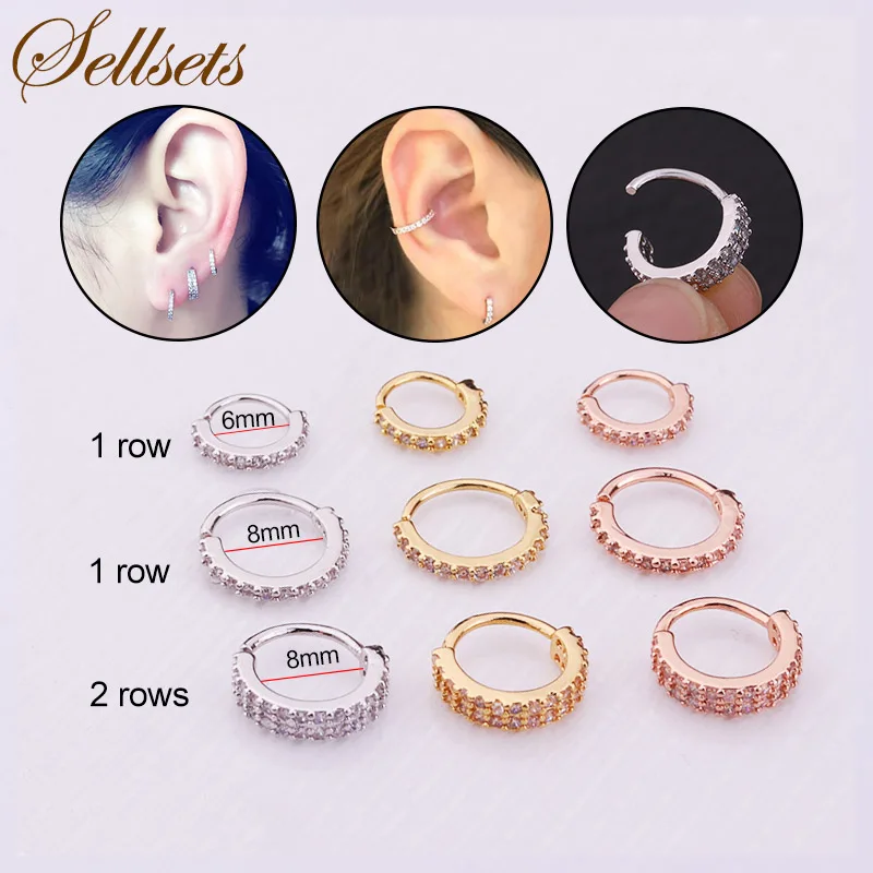Сережки для ушной хрящ Sellsets с фианитами 1 ряд и 2 ряда Серебряно золотой обруч
