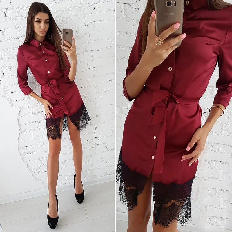 

Spring and Autumn Retro Women's Solid Color A-line Casual High Street Lapel Lace Panel Short Dress Female High Waist Belt 9.5