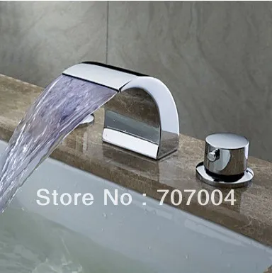 Deck Mount LED Waterfall Widespread Bathroom Sink Faucet Basin Mixer Tap Chrome Finish 2 handles