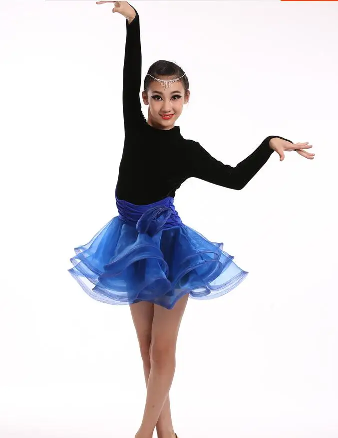 Девушка longh рукава Костюмы для латиноамериканских танцев Танцы платье Стандартный дети Костюмы для латиноамериканских танцев конкурс Танцы платье Сальса Костюмы для бальных танцев Одежда для танцев - Цвет: Синий