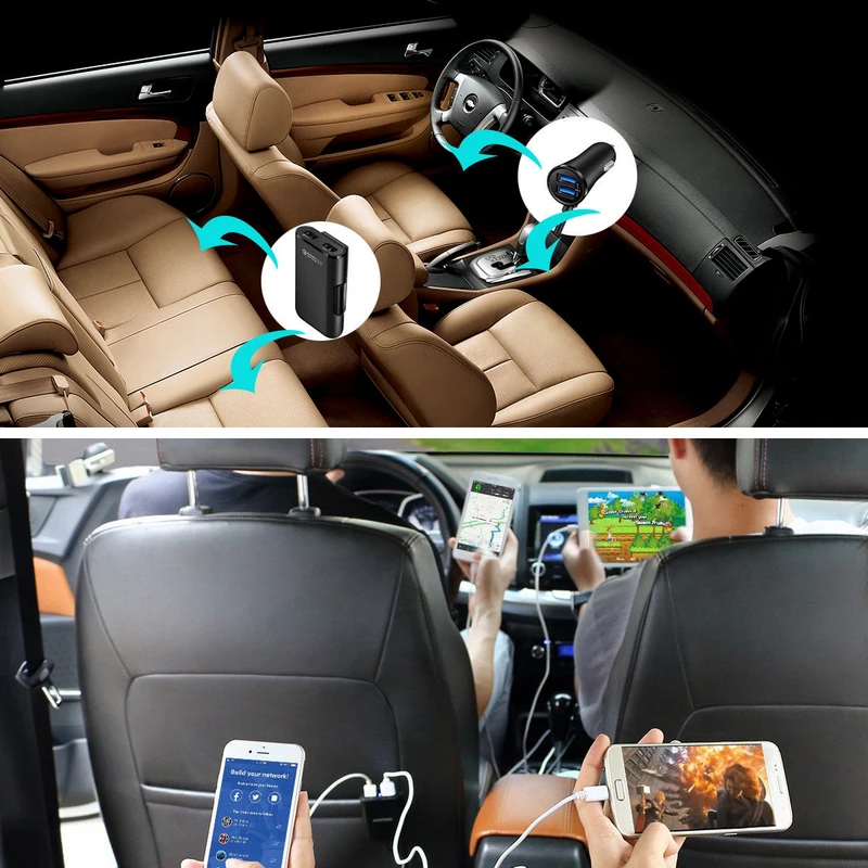 QC3.0 4USB Ports Quick Charge Phone Car Charger Adapter for Front Back Seat Cigarette Lighter Adapter for IP Hone XS MAX XR X8  (5)