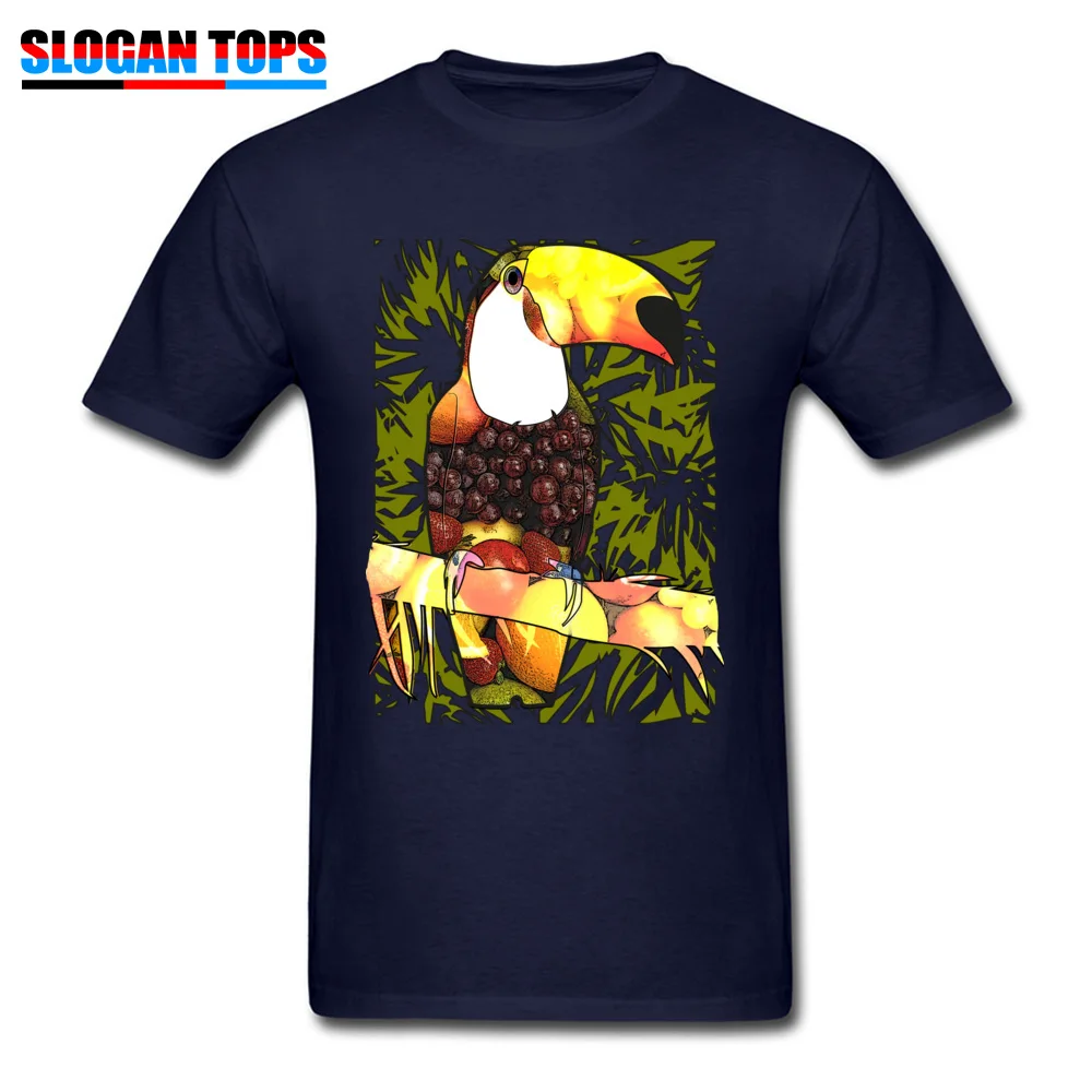 Funny Casual T-shirts for Men 100% Cotton Mother Day Tops Tees comfortable Tops Tees Short Sleeve New Arrival Crewneck Tropic tucan bird and fruit food art navy